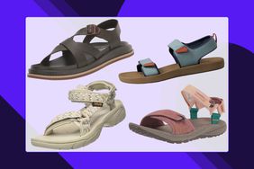 A collage of sandals we recommend on a lavender background.
