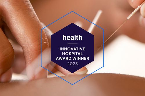 Health Accolades Innovative Hospital Award Winner 2023 Badge with a close up of hands and acupuncture needles