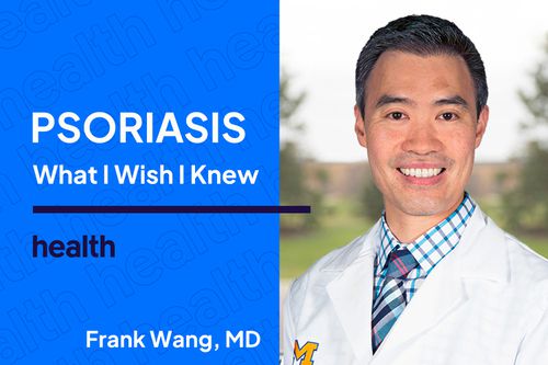A headshot of Dr. Frank Wang with the word Psoriasis What I Wish I Knew next to it