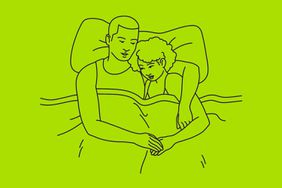 Illustration of a woman and man snuggling in bed