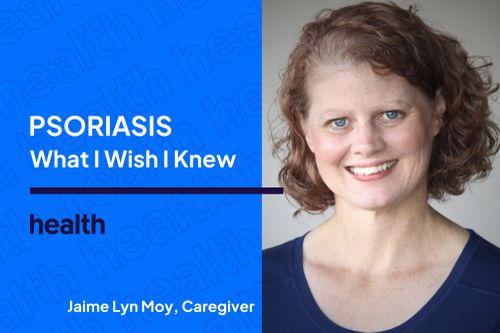 A headshot of Jaime Lyn Moy next to the words Psoriasis What I Wish I Knew