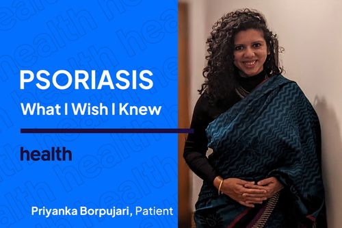 Priyanka Borpujari stands next to text that says Psoriasis What I Wish I Knew
