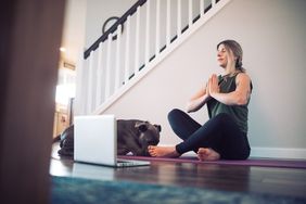 Meditation - Woman Watching Yoga Tutorials Online With Her Dog