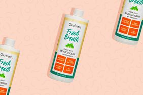 OxyFresh Mouthwash product images against a pink background