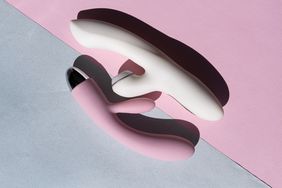 Two vibrators next to each other on a pink and gray background
